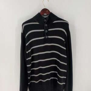 Chatham Road Ribbed Mock Neck Cotton Striped Pullover Sweater Black White Size L